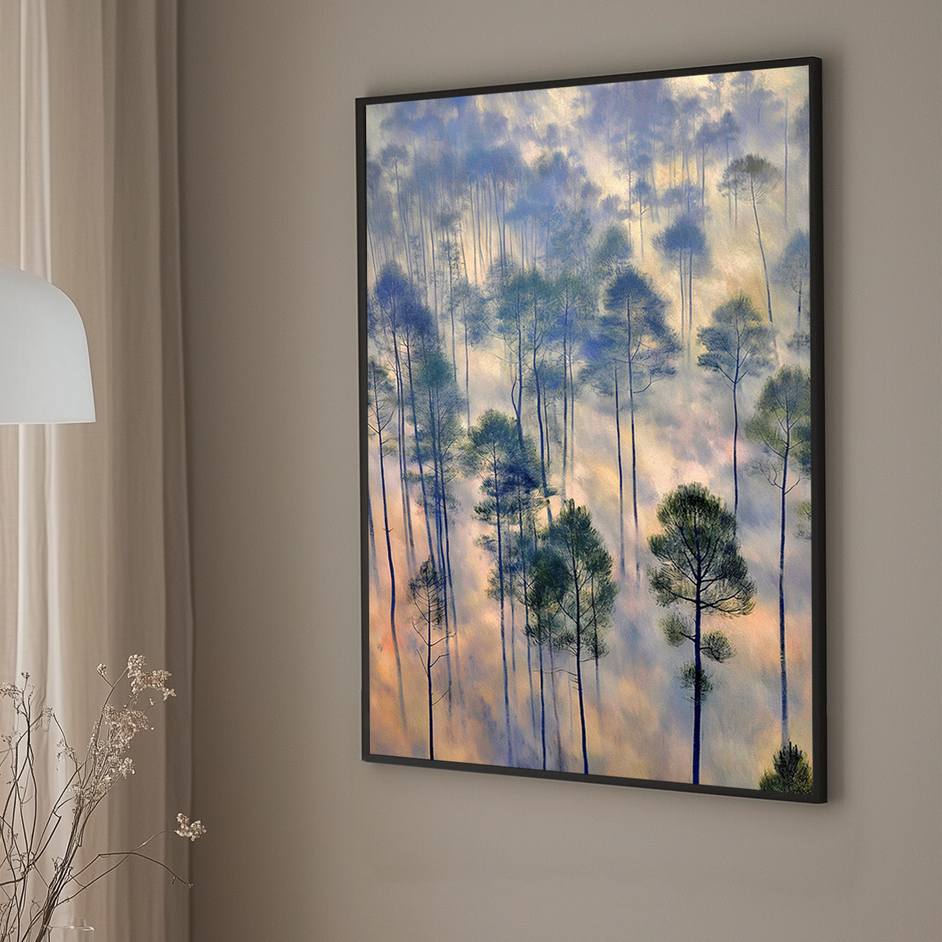 Artistic rendition of a misty forest with tall trees and a soft, pastel-colored fog blending cool blues and warm golden hues, ideal for creating a tranquil atmosphere in any room.