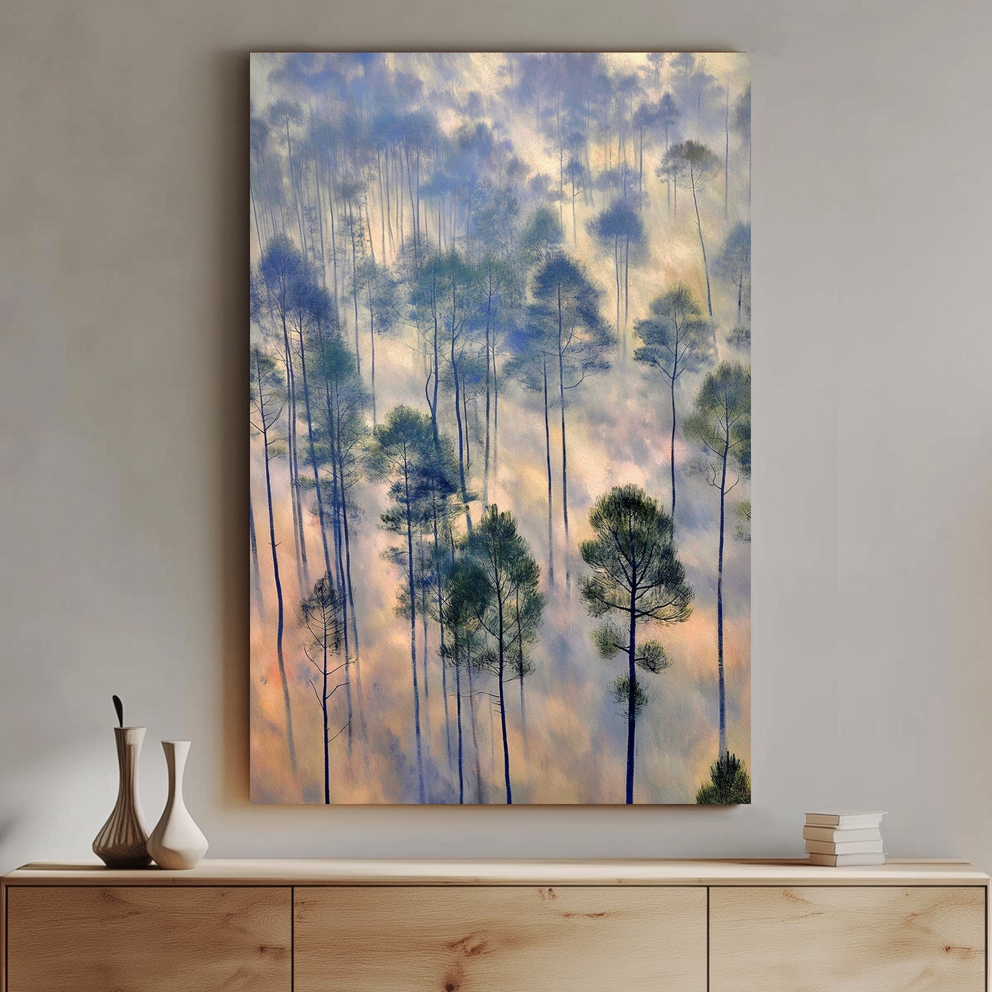 Artistic rendition of a misty forest with tall trees and a soft, pastel-colored fog blending cool blues and warm golden hues, ideal for creating a tranquil atmosphere in any room.