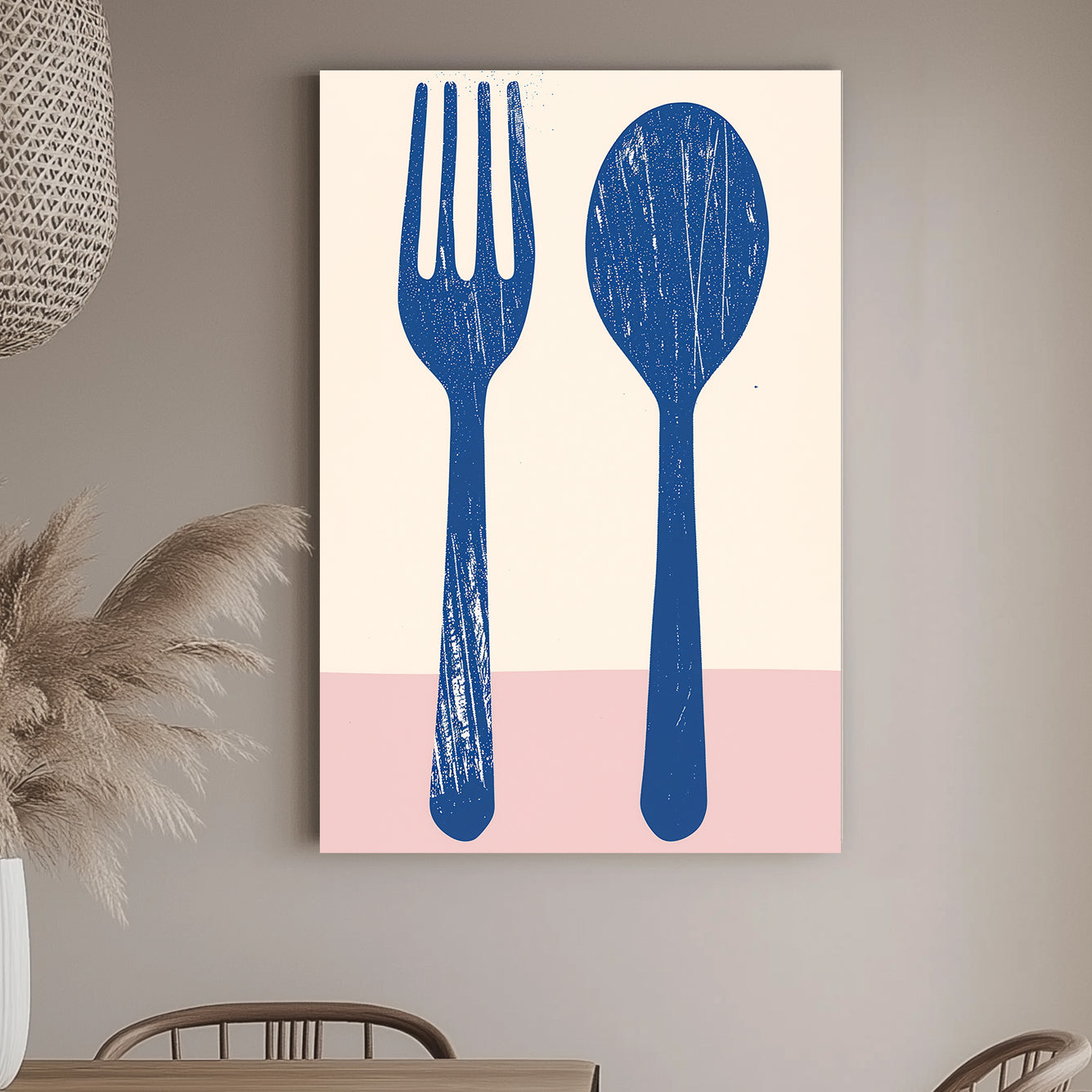 Minimalist blue silhouettes of a fork and spoon set against a soft pink background, showcasing a modern and textured look ideal for kitchen or dining room decor.