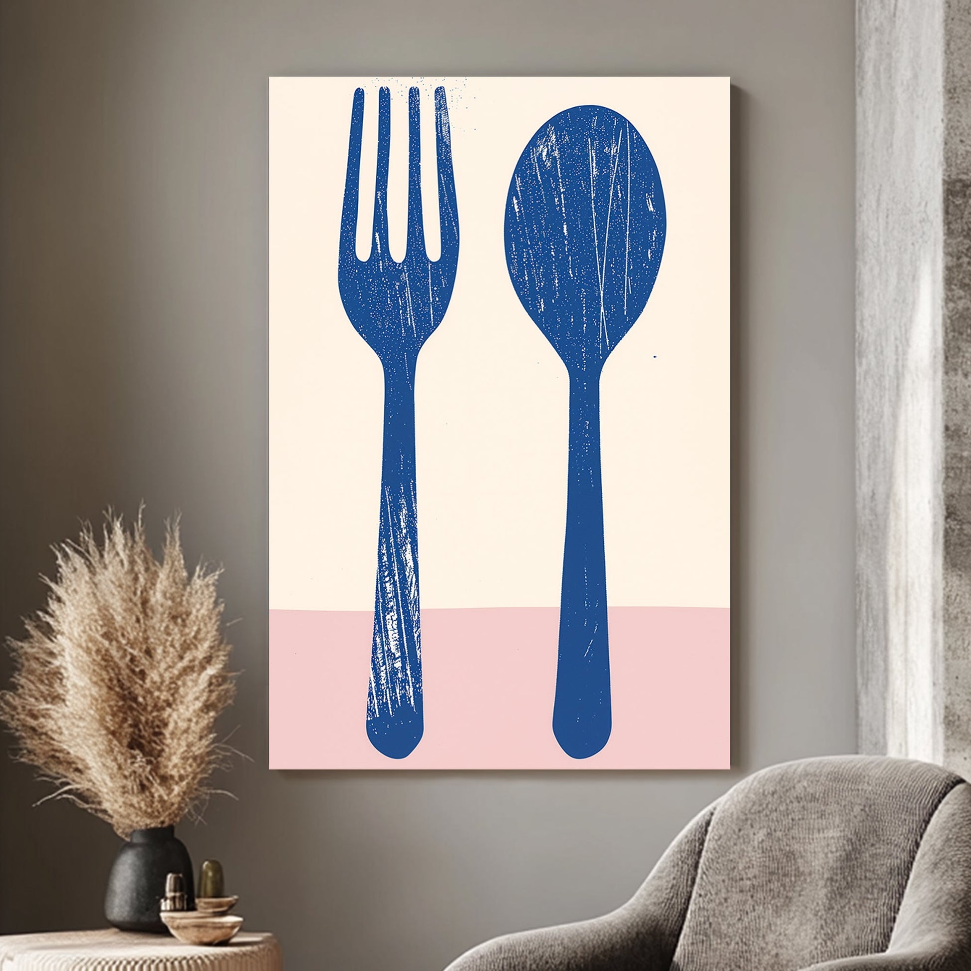 Minimalist blue silhouettes of a fork and spoon set against a soft pink background, showcasing a modern and textured look ideal for kitchen or dining room decor.