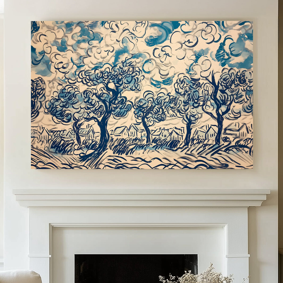 Expressive wall art print of swirling trees and clouds in shades of blue and white, depicting a lively rural landscape in an abstract style.