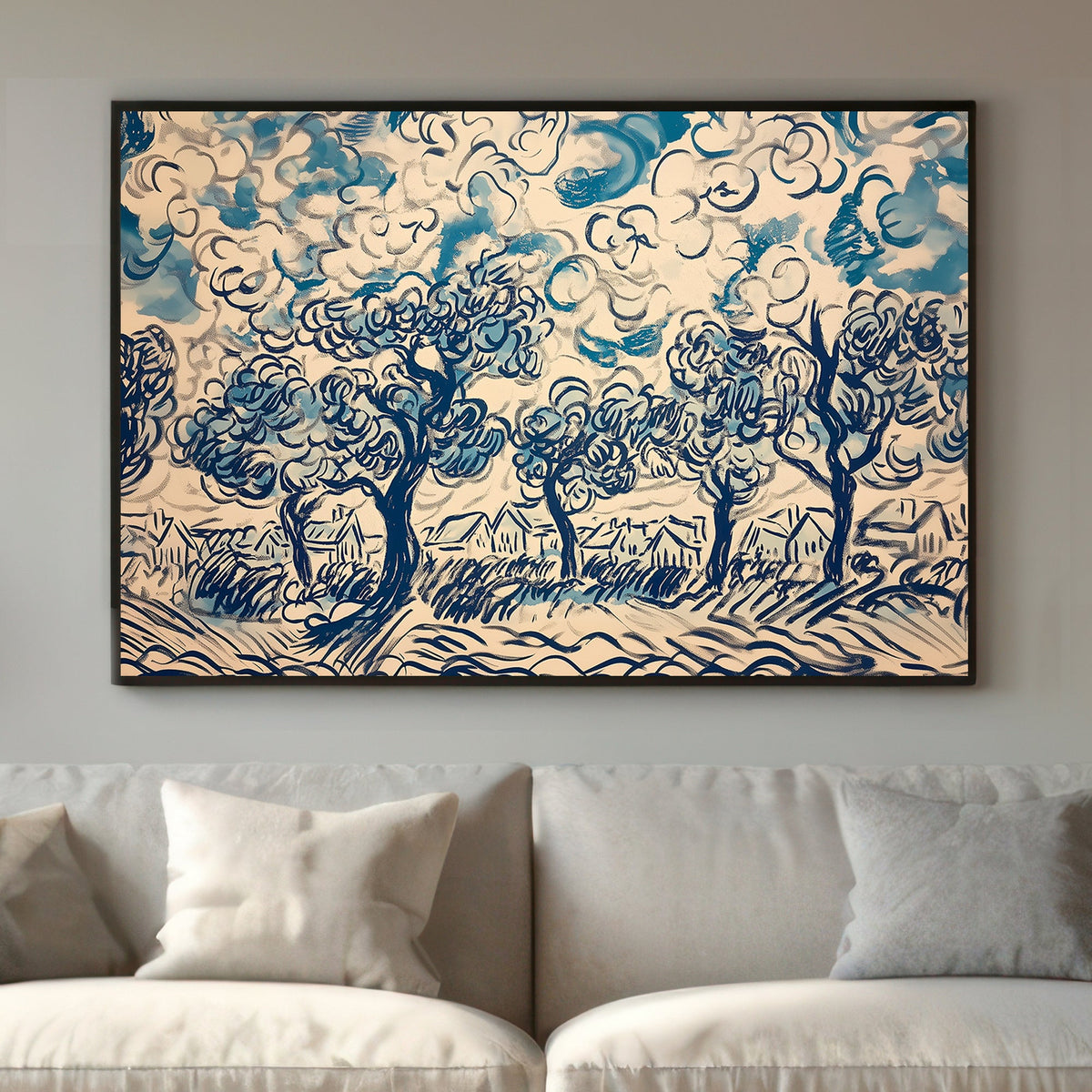 Expressive wall art print of swirling trees and clouds in shades of blue and white, depicting a lively rural landscape in an abstract style.