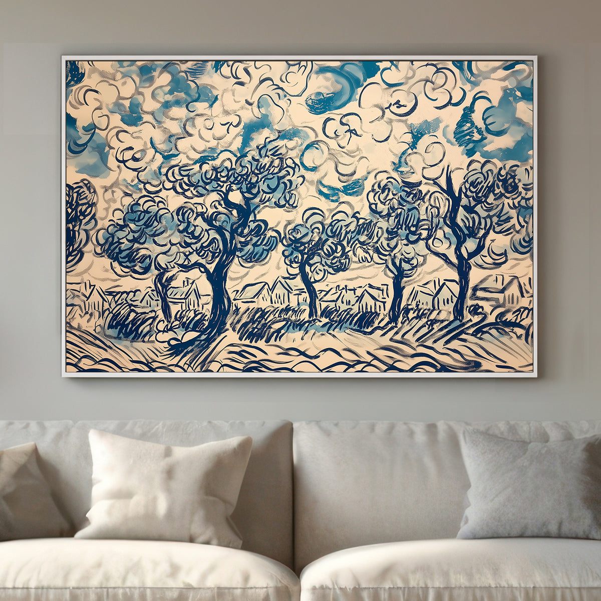 Expressive wall art print of swirling trees and clouds in shades of blue and white, depicting a lively rural landscape in an abstract style.