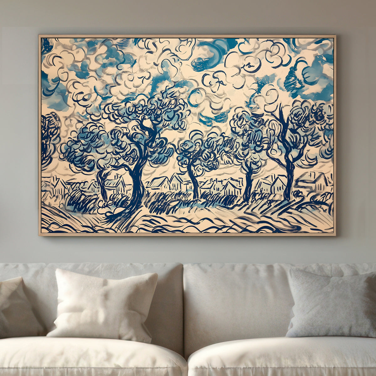 Expressive wall art print of swirling trees and clouds in shades of blue and white, depicting a lively rural landscape in an abstract style.