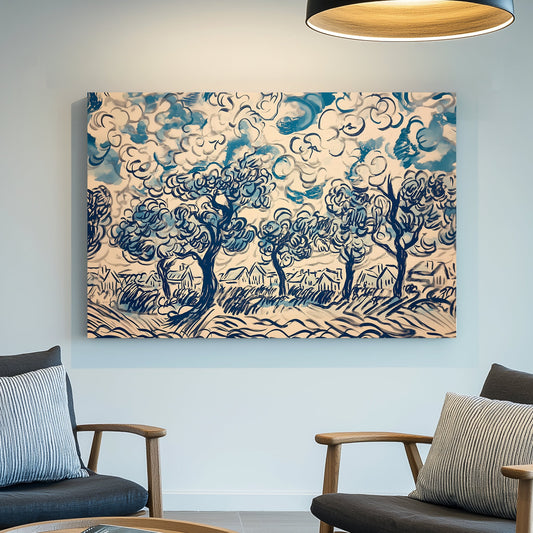 Expressive wall art print of swirling trees and clouds in shades of blue and white, depicting a lively rural landscape in an abstract style.