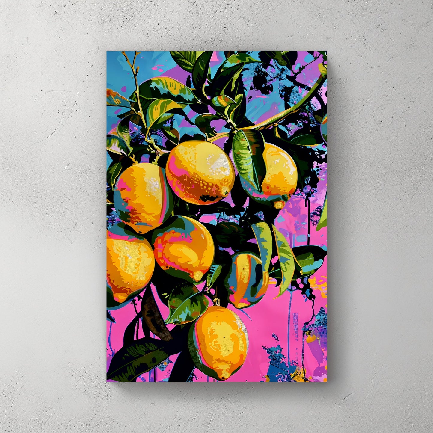 Pop art-inspired wall art print of bright yellow and orange citrus fruits on a vivid pink and blue background with splashes of color.