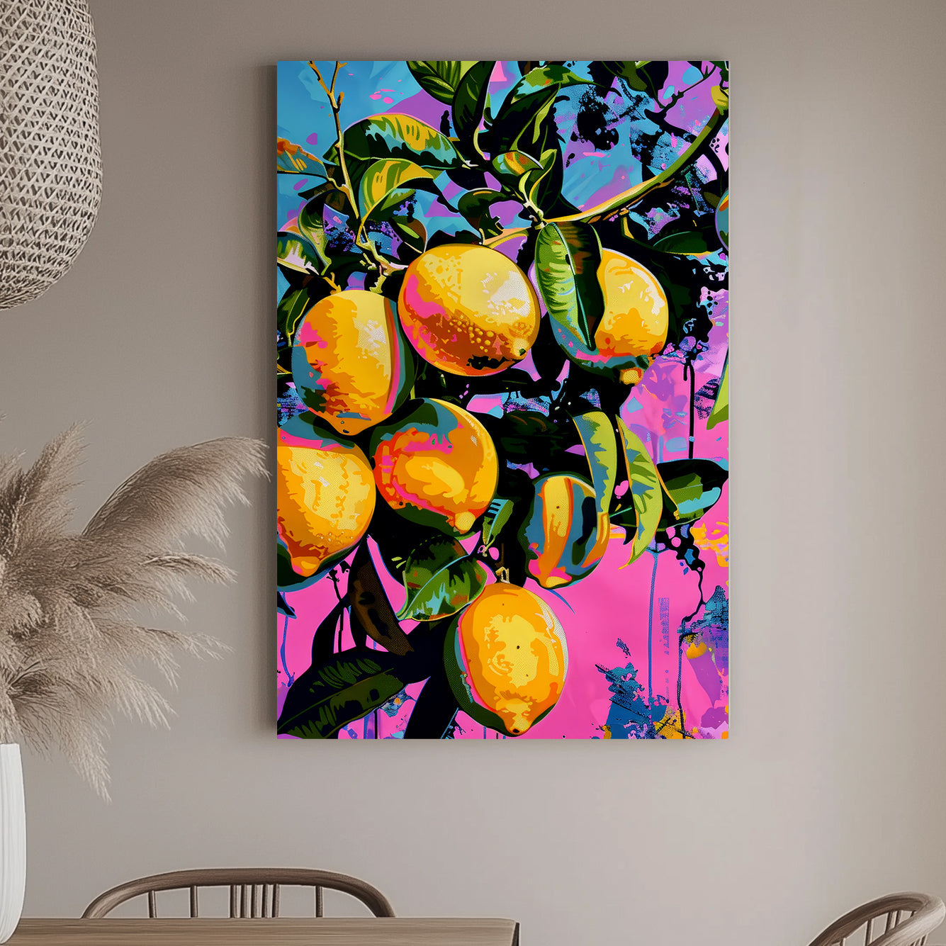 Pop art-inspired wall art print of bright yellow and orange citrus fruits on a vivid pink and blue background with splashes of color.