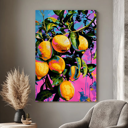 Pop art-inspired wall art print of bright yellow and orange citrus fruits on a vivid pink and blue background with splashes of color.