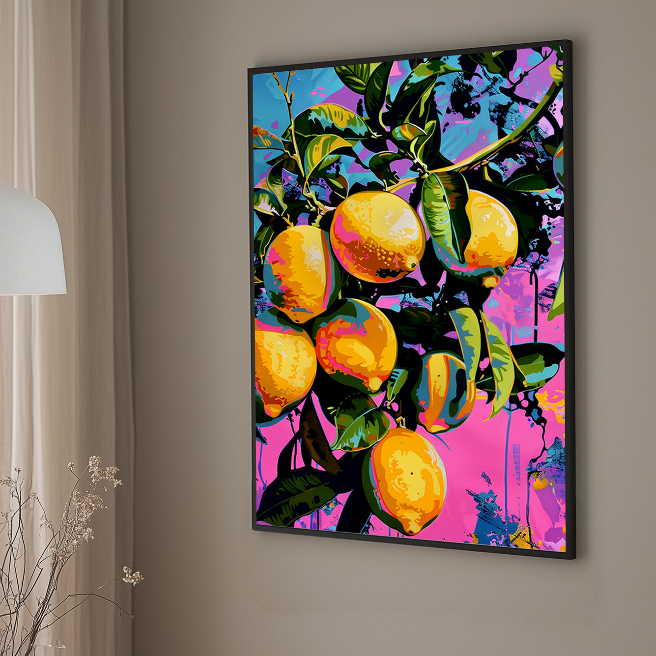 Pop art-inspired wall art print of bright yellow and orange citrus fruits on a vivid pink and blue background with splashes of color.