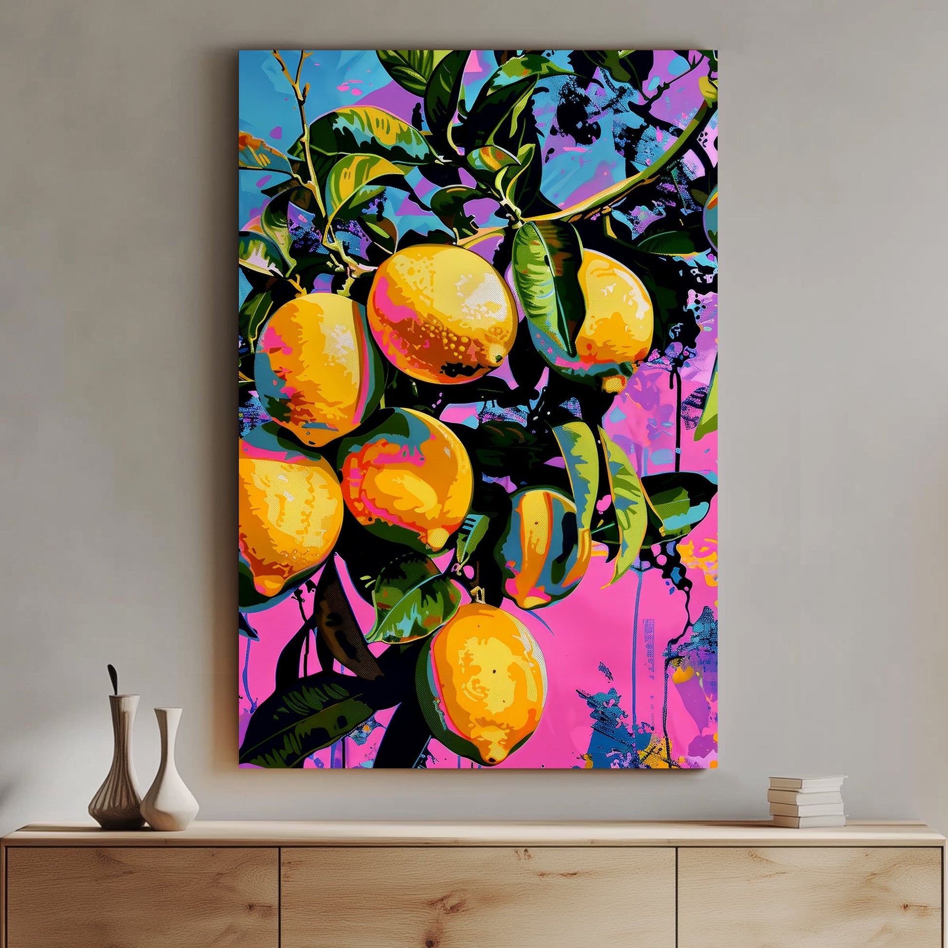 Pop art-inspired wall art print of bright yellow and orange citrus fruits on a vivid pink and blue background with splashes of color.