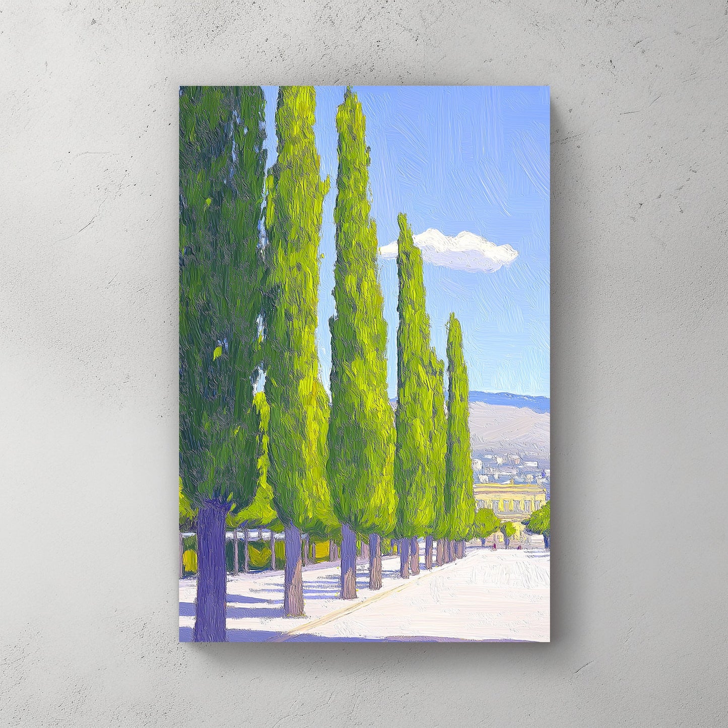 Impressionist-style wall art print of a pathway lined with tall, green cypress trees under a blue sky with a single cloud.