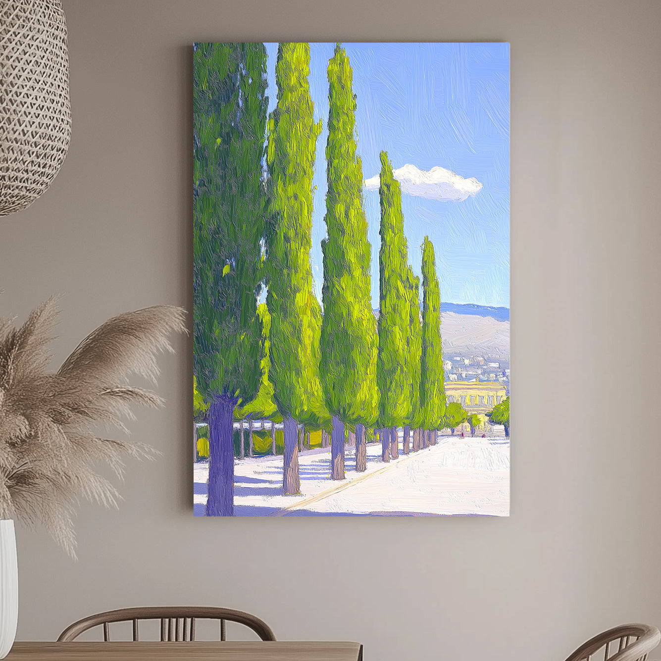 Impressionist-style wall art print of a pathway lined with tall, green cypress trees under a blue sky with a single cloud.