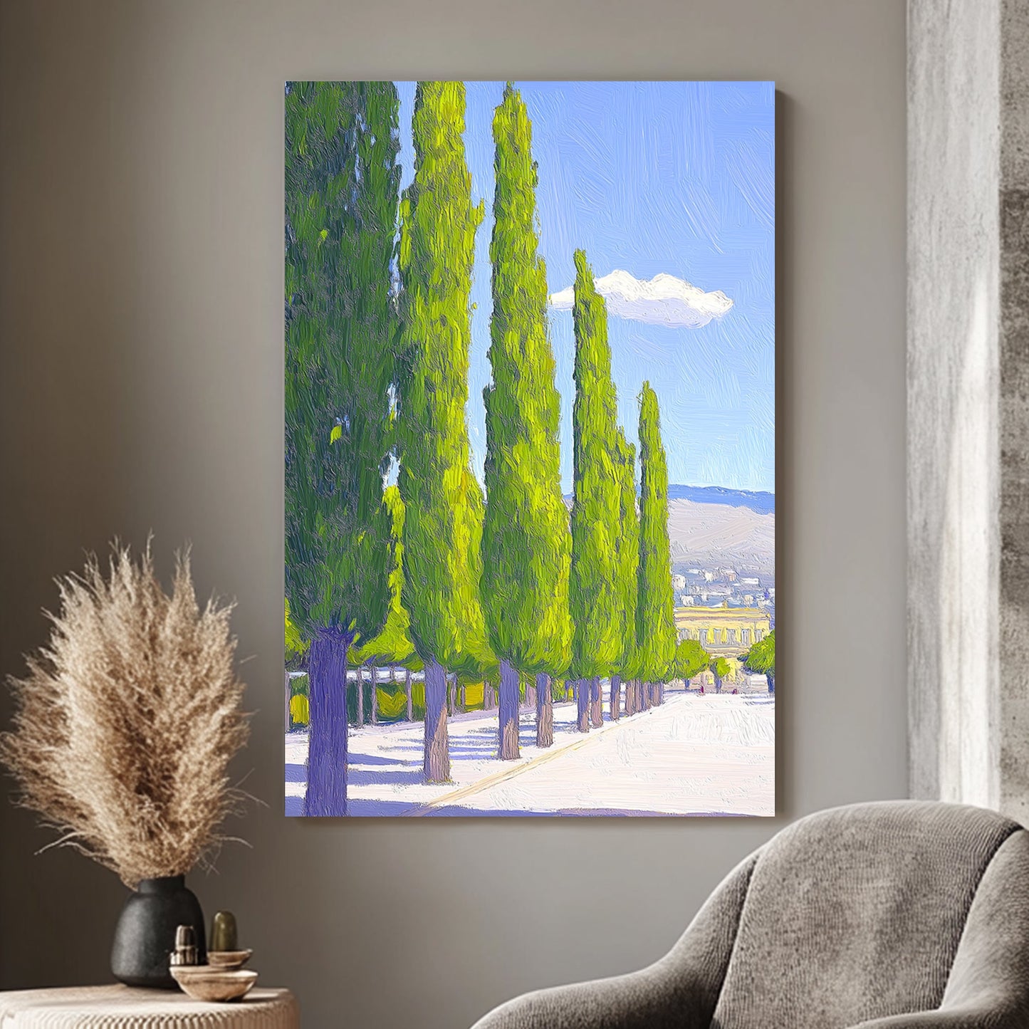 Impressionist-style wall art print of a pathway lined with tall, green cypress trees under a blue sky with a single cloud.