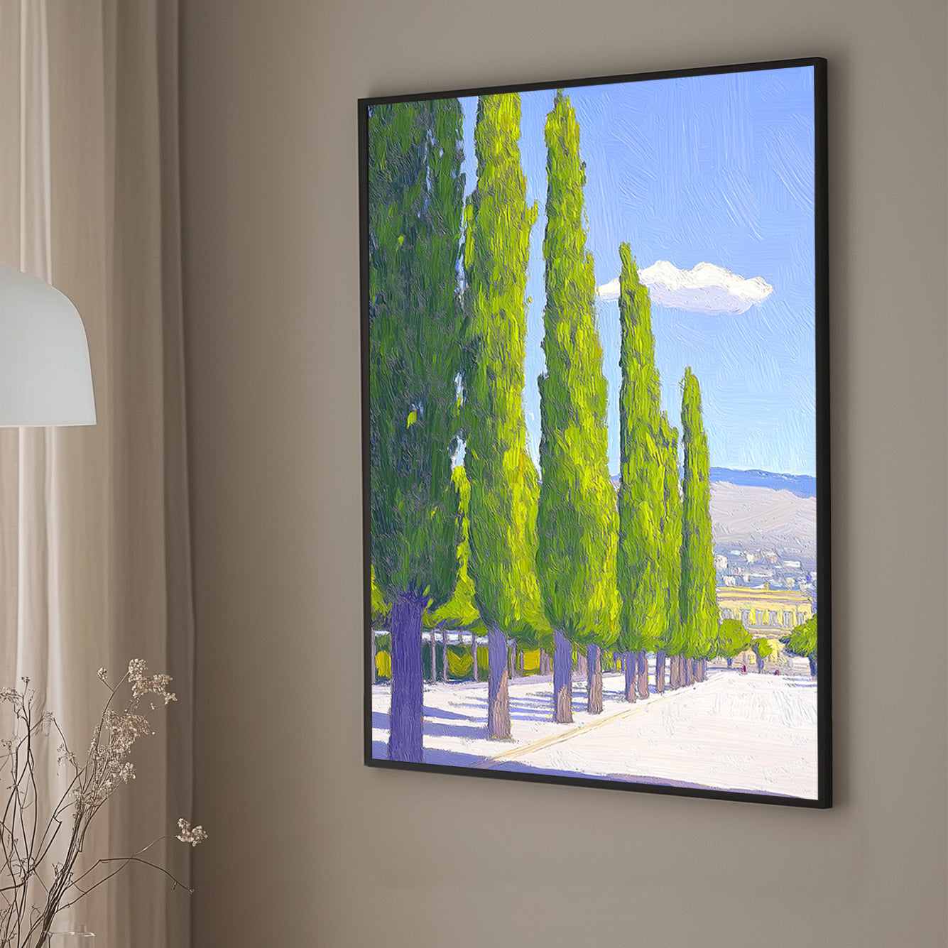 Impressionist-style wall art print of a pathway lined with tall, green cypress trees under a blue sky with a single cloud.