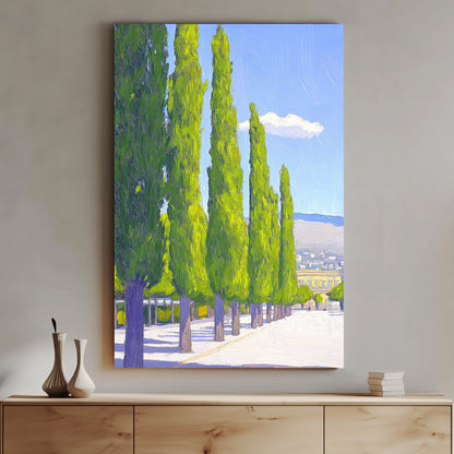 Impressionist-style wall art print of a pathway lined with tall, green cypress trees under a blue sky with a single cloud.