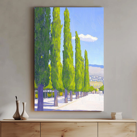 Impressionist-style wall art print of a pathway lined with tall, green cypress trees under a blue sky with a single cloud.