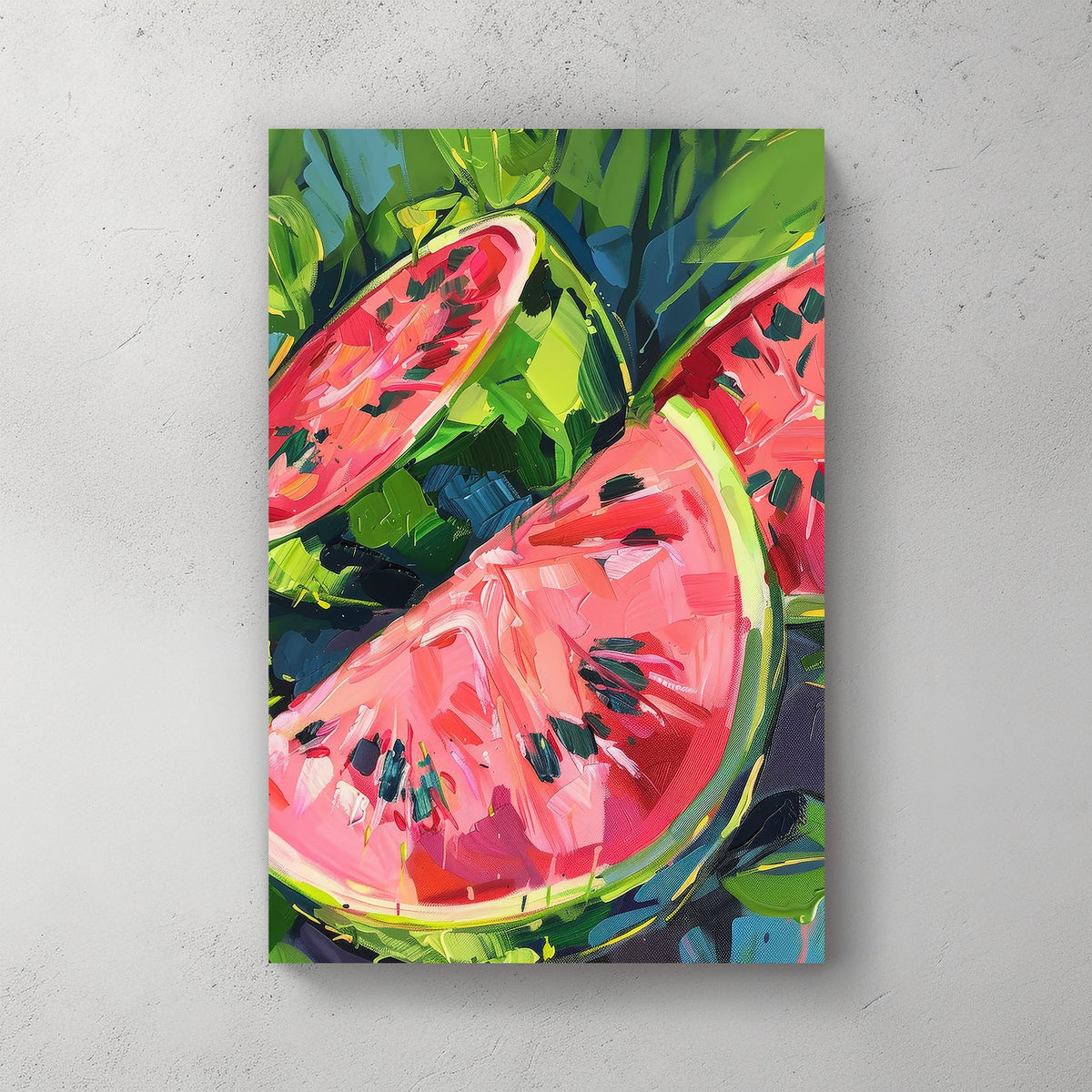 Impressionist-style wall art print of vibrant watermelon slices with vivid pink and green colors, depicted in bold, expressive brush strokes.