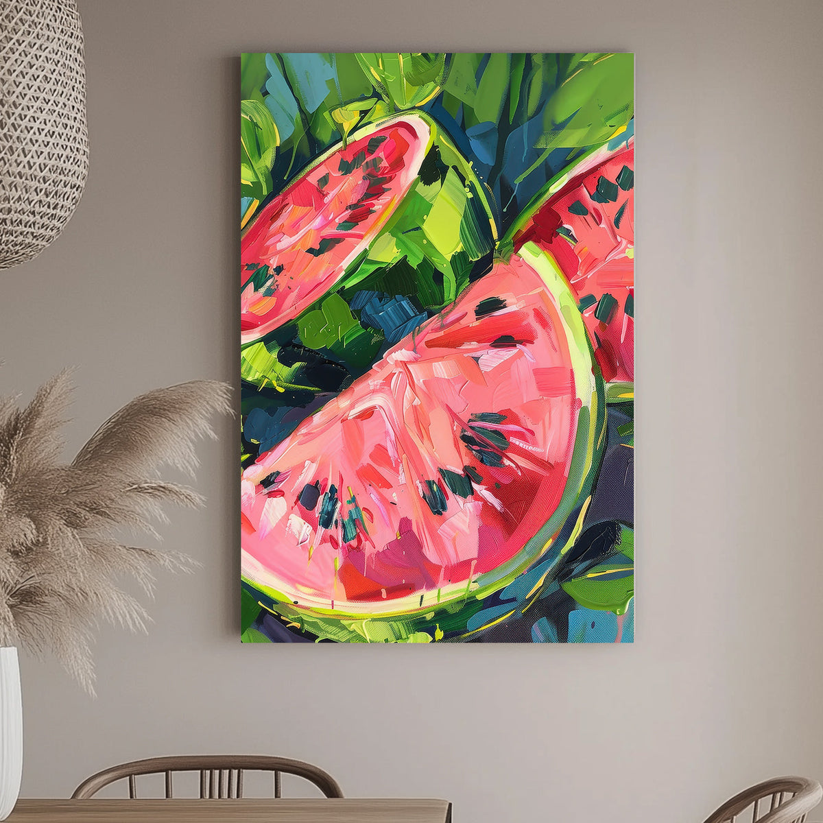 Impressionist-style wall art print of vibrant watermelon slices with vivid pink and green colors, depicted in bold, expressive brush strokes.