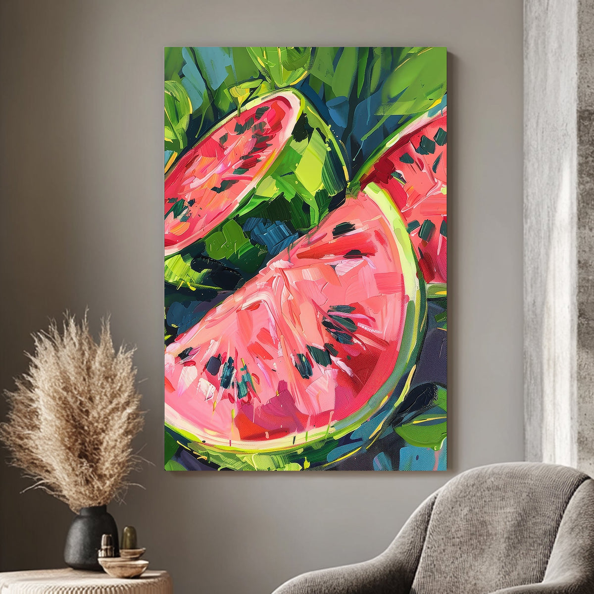 Impressionist-style wall art print of vibrant watermelon slices with vivid pink and green colors, depicted in bold, expressive brush strokes.