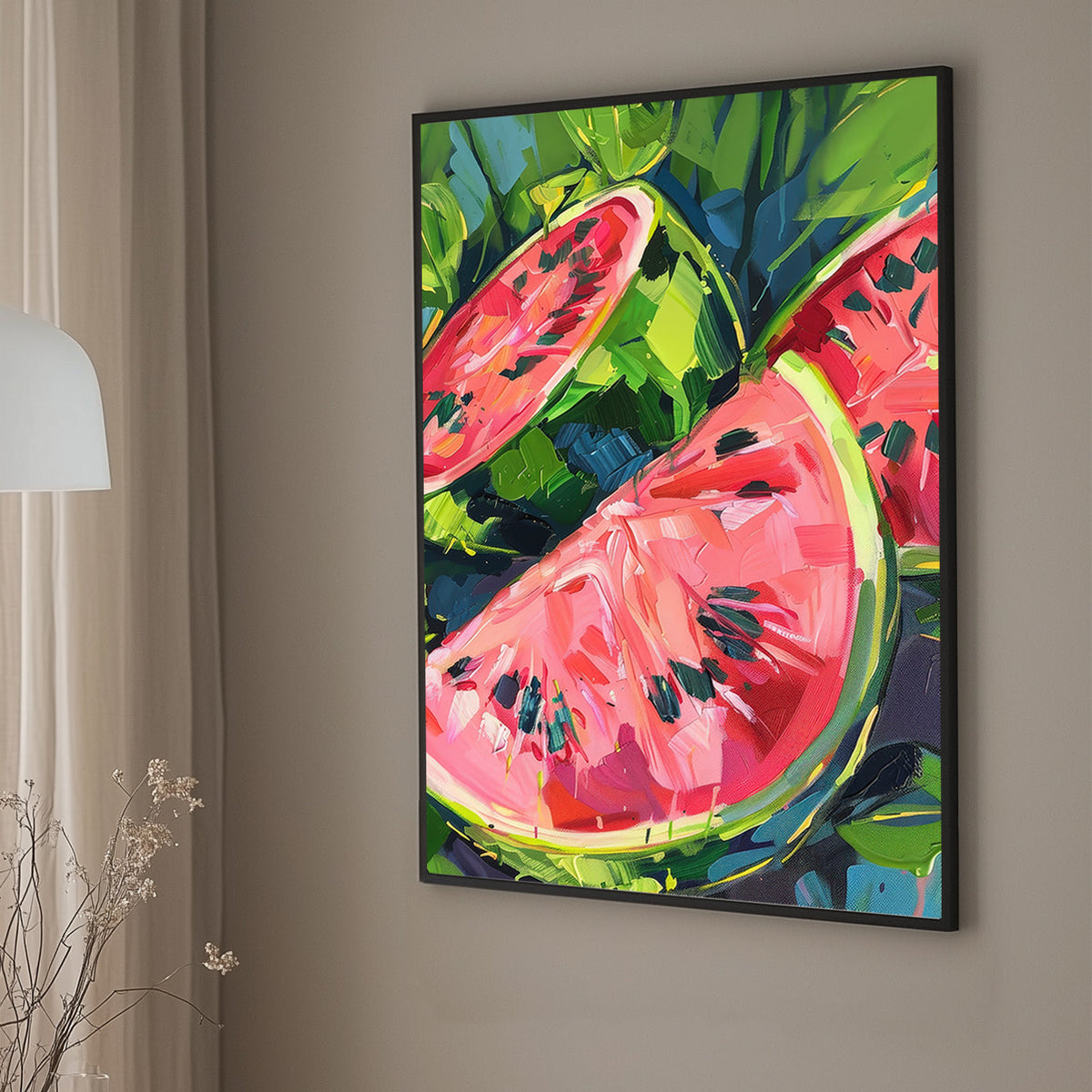 Impressionist-style wall art print of vibrant watermelon slices with vivid pink and green colors, depicted in bold, expressive brush strokes.