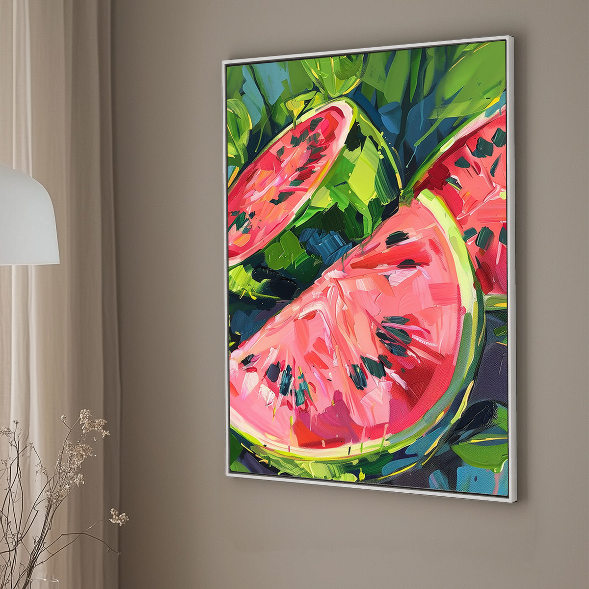 Impressionist-style wall art print of vibrant watermelon slices with vivid pink and green colors, depicted in bold, expressive brush strokes.