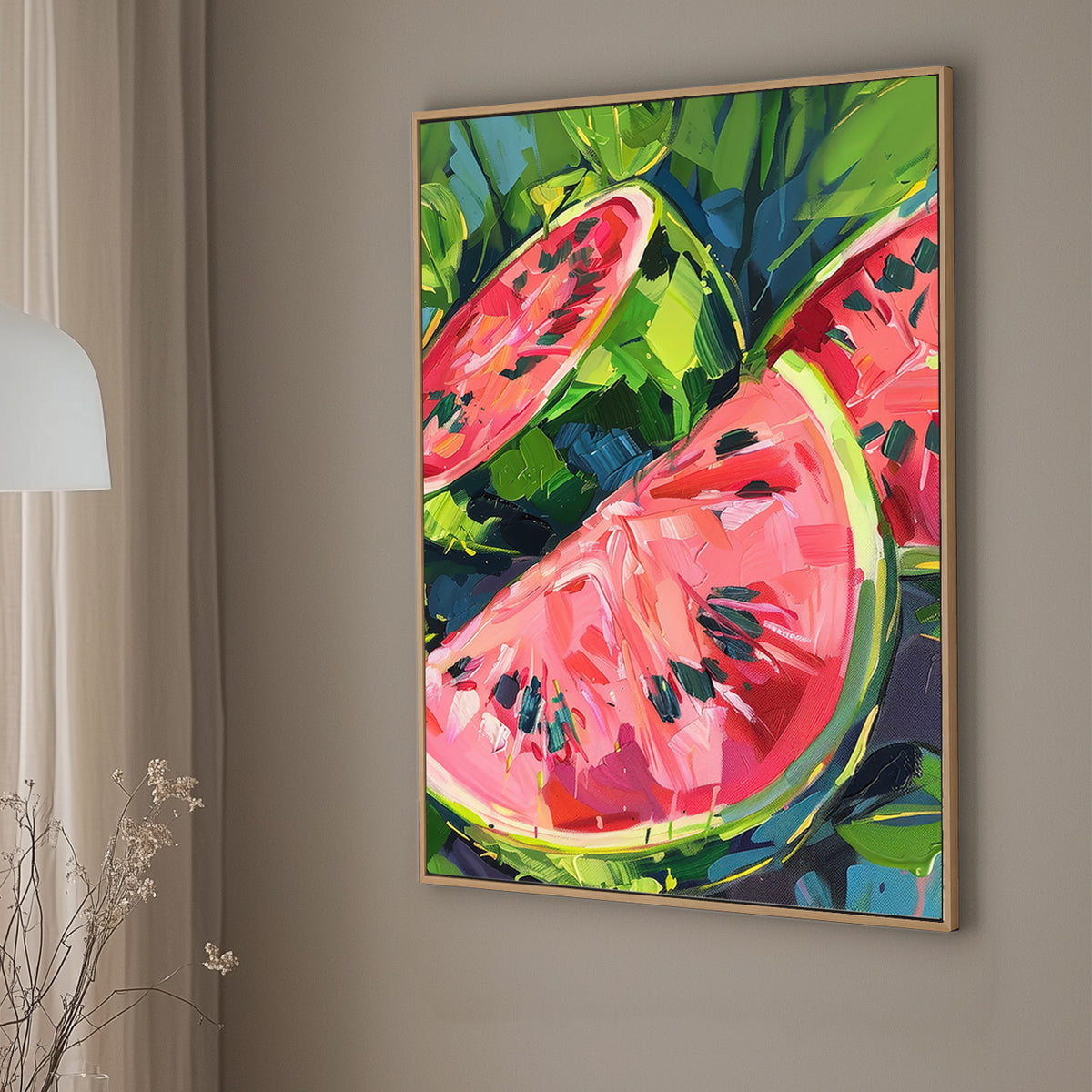Impressionist-style wall art print of vibrant watermelon slices with vivid pink and green colors, depicted in bold, expressive brush strokes.