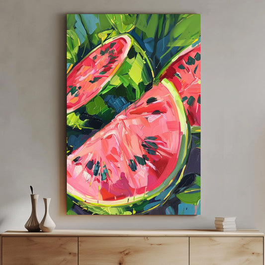 Impressionist-style wall art print of vibrant watermelon slices with vivid pink and green colors, depicted in bold, expressive brush strokes.