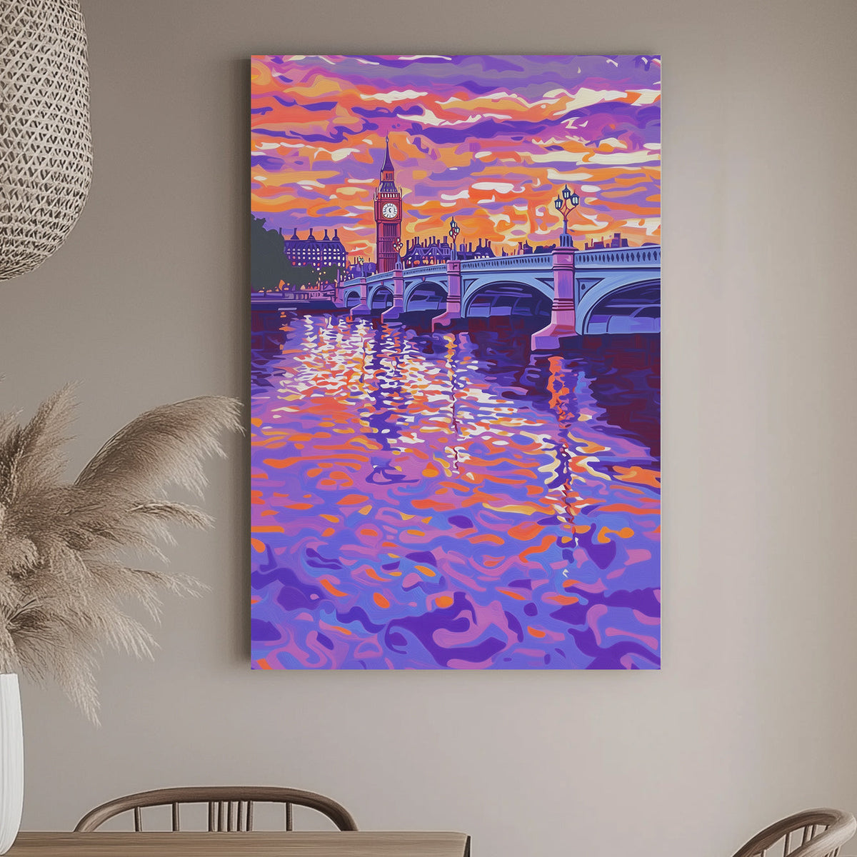 Impressionist wall art print of Westminster Bridge and Big Ben in London at sunset, with vibrant swirling colors in the waters of the Thames, reflecting the sky’s orange and purple hues.