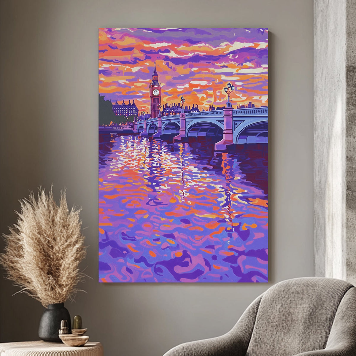 Impressionist wall art print of Westminster Bridge and Big Ben in London at sunset, with vibrant swirling colors in the waters of the Thames, reflecting the sky’s orange and purple hues.