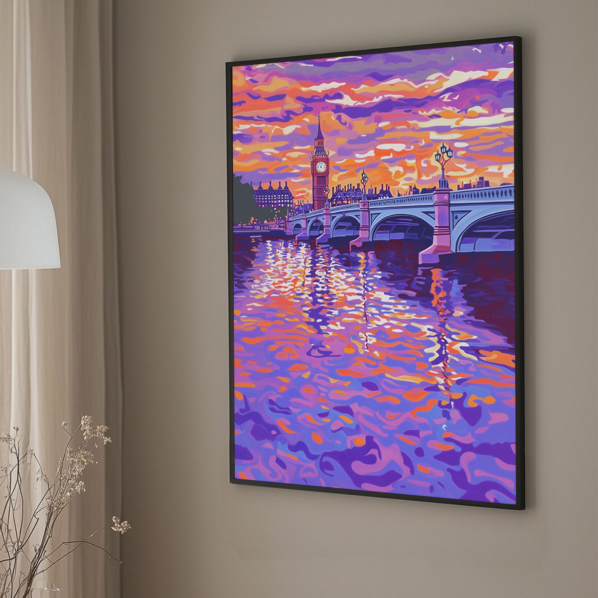 Impressionist wall art print of Westminster Bridge and Big Ben in London at sunset, with vibrant swirling colors in the waters of the Thames, reflecting the sky’s orange and purple hues.