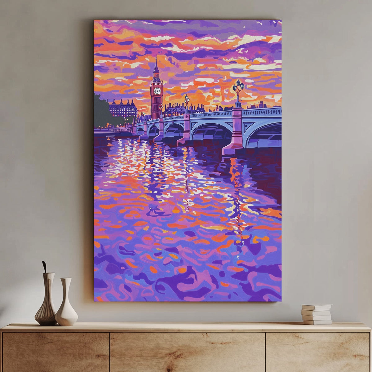 Impressionist wall art print of Westminster Bridge and Big Ben in London at sunset, with vibrant swirling colors in the waters of the Thames, reflecting the sky’s orange and purple hues.