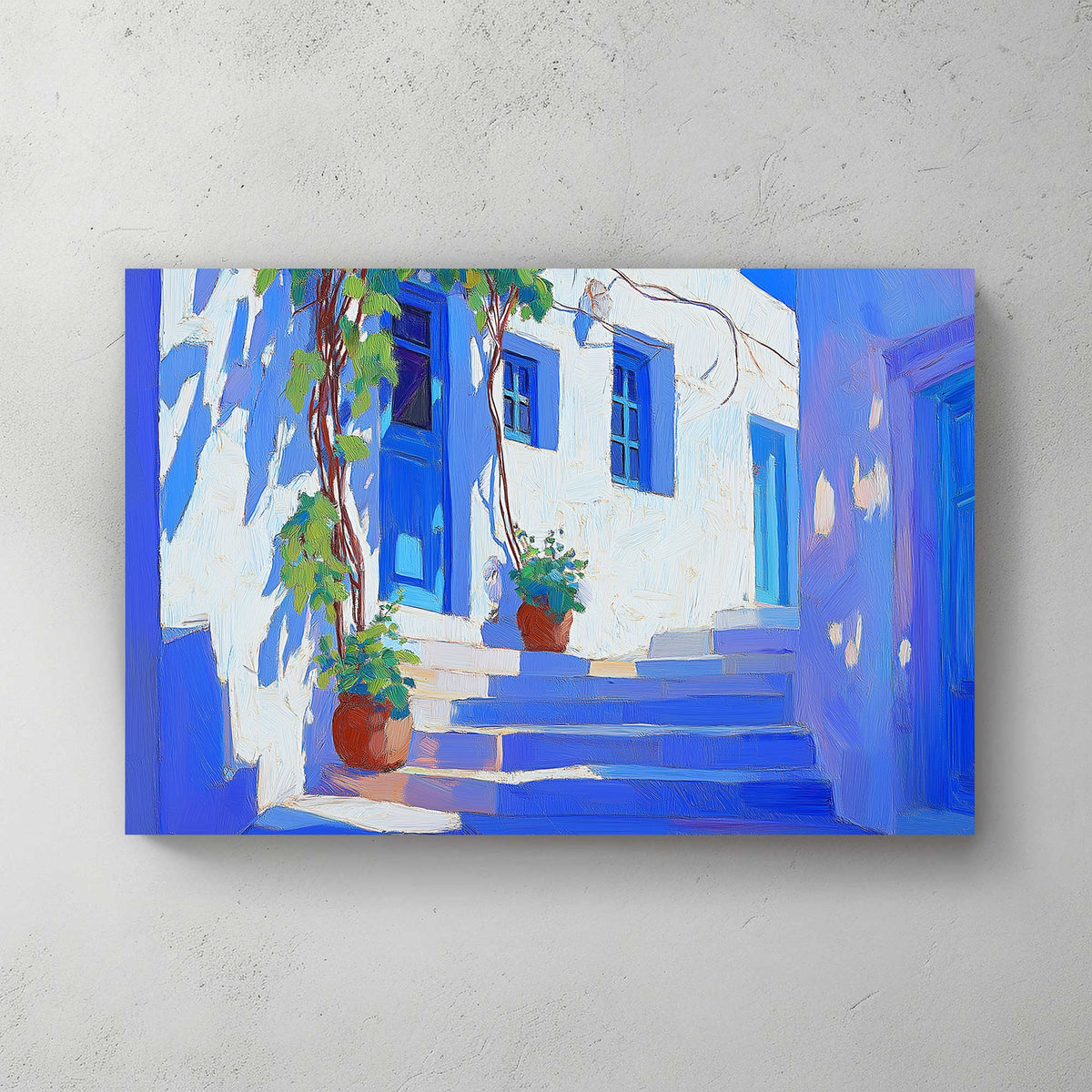 Impressionist style wall art print of a bright sunlit Mediterranean alley with blue doors and windows, accented by potted green plants, evoking a serene, picturesque atmosphere.