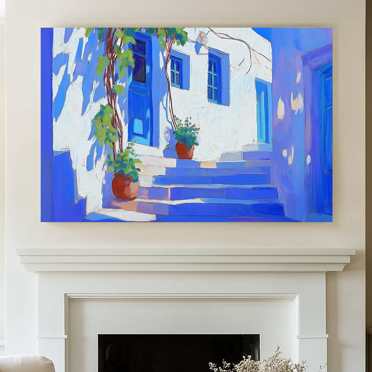 Impressionist style wall art print of a bright sunlit Mediterranean alley with blue doors and windows, accented by potted green plants, evoking a serene, picturesque atmosphere.