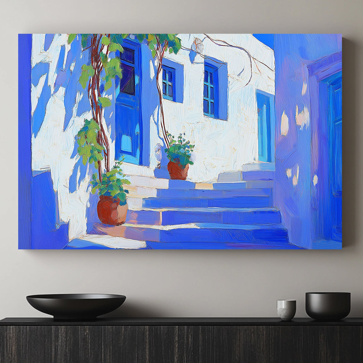 Impressionist style wall art print of a bright sunlit Mediterranean alley with blue doors and windows, accented by potted green plants, evoking a serene, picturesque atmosphere.