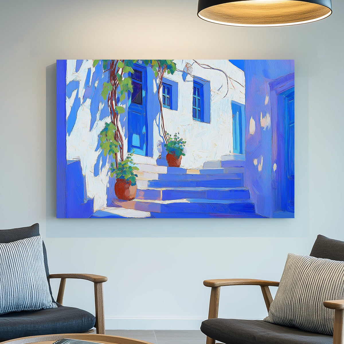 Impressionist style wall art print of a bright sunlit Mediterranean alley with blue doors and windows, accented by potted green plants, evoking a serene, picturesque atmosphere.