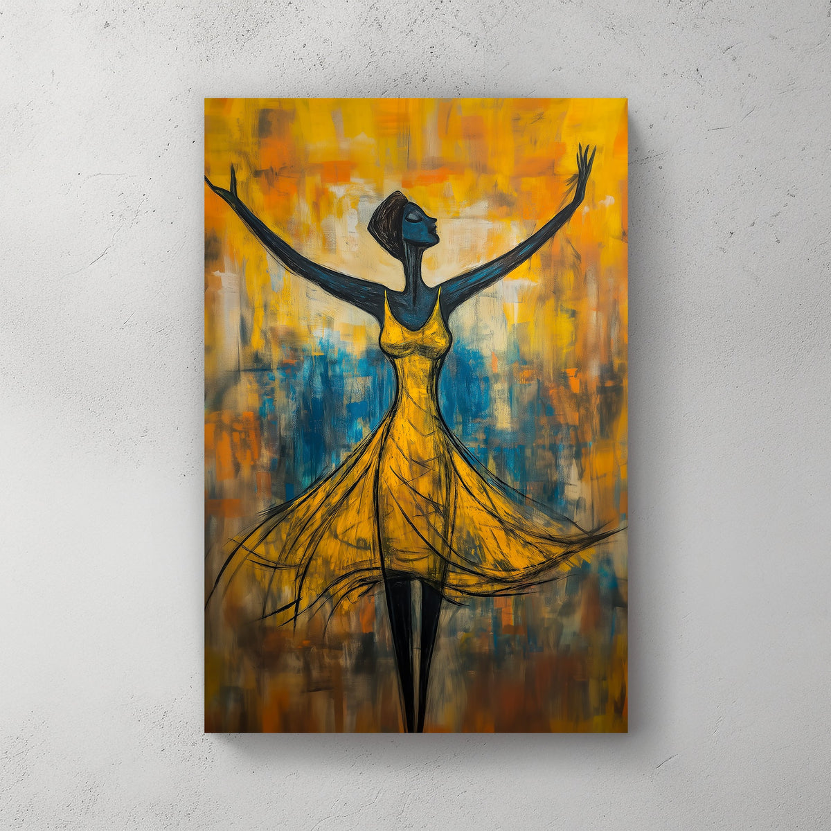 Expressive wall art print of a woman in a flowing yellow dress, arms raised in a pose of joy and liberation, set against a vibrant, abstract background in shades of blue and orange.