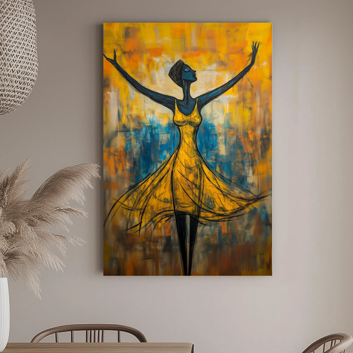Expressive wall art print of a woman in a flowing yellow dress, arms raised in a pose of joy and liberation, set against a vibrant, abstract background in shades of blue and orange.