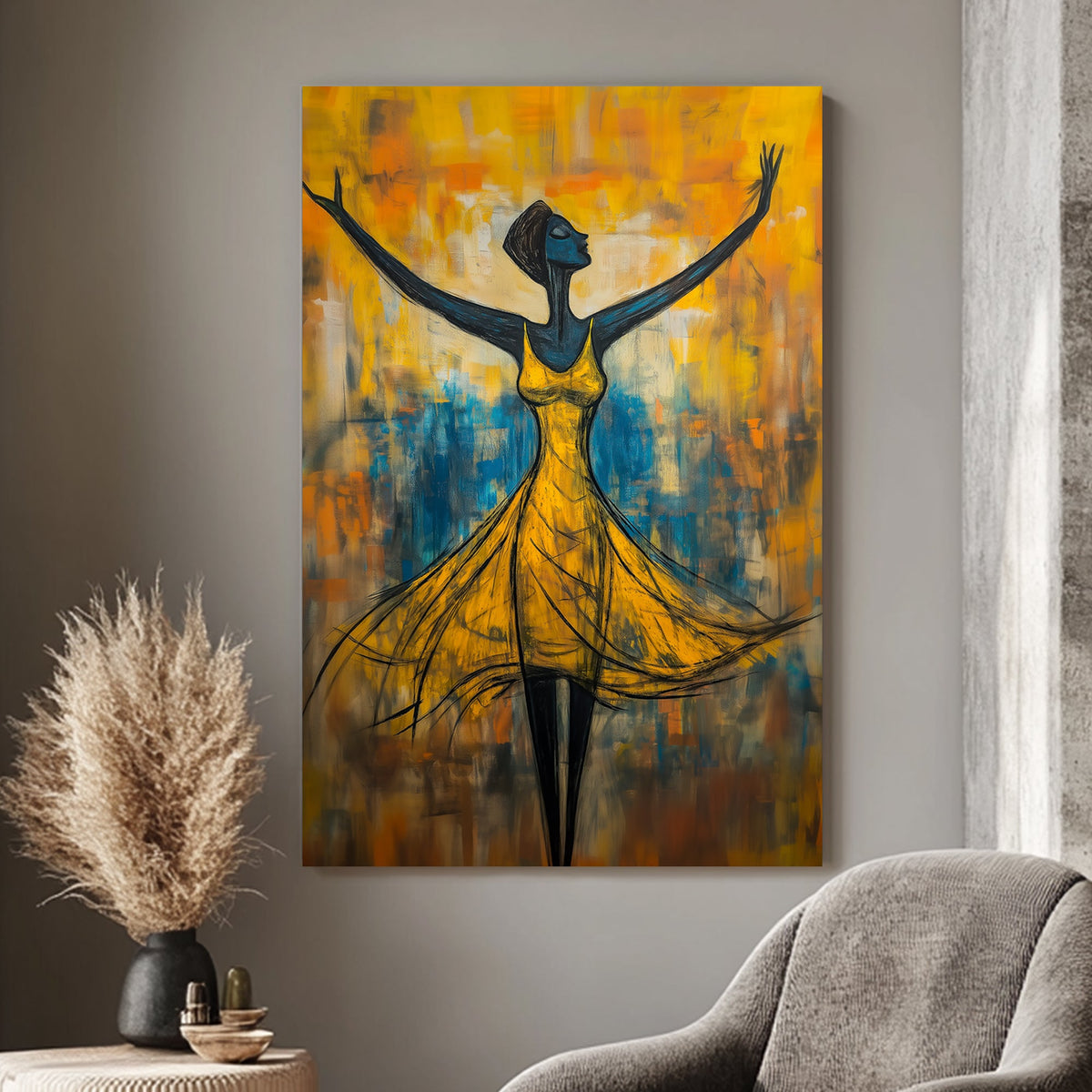 Expressive wall art print of a woman in a flowing yellow dress, arms raised in a pose of joy and liberation, set against a vibrant, abstract background in shades of blue and orange.