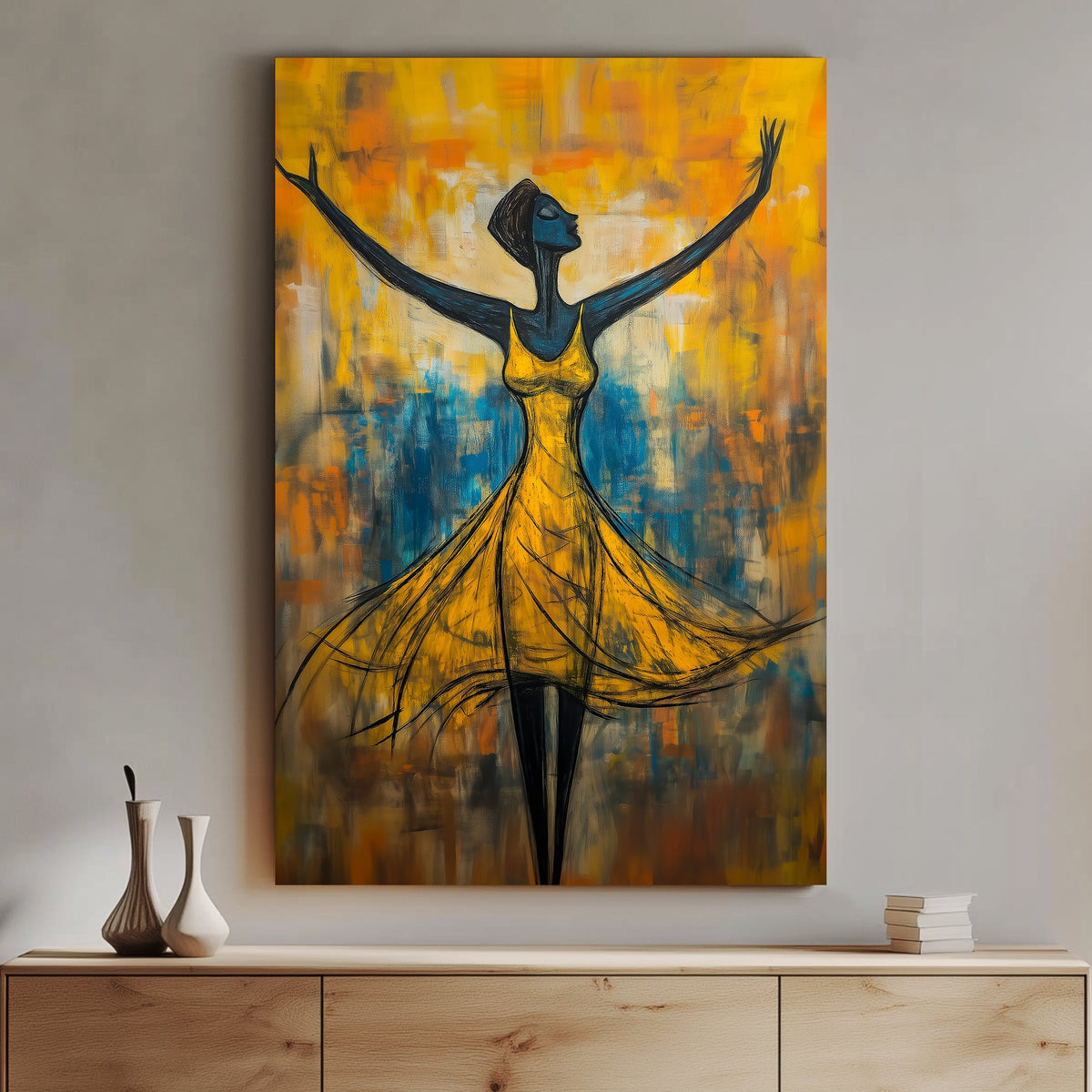Expressive wall art print of a woman in a flowing yellow dress, arms raised in a pose of joy and liberation, set against a vibrant, abstract background in shades of blue and orange.