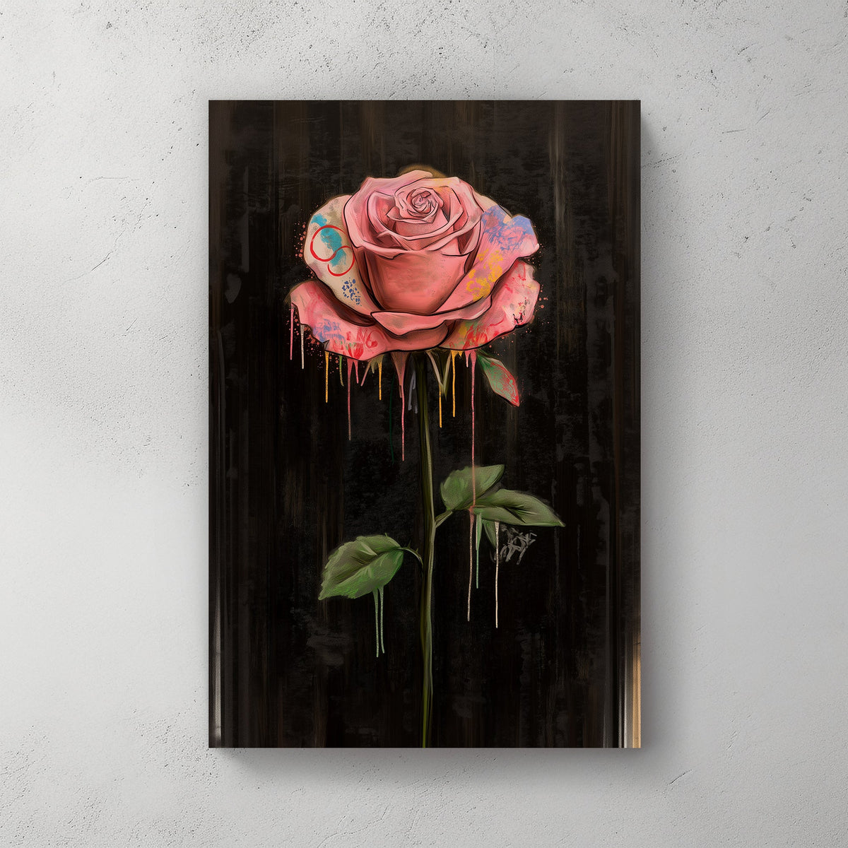A large pink rose splattered with colorful paint against a black background, symbolizing the depth and complexity of emotions in a pop art style.