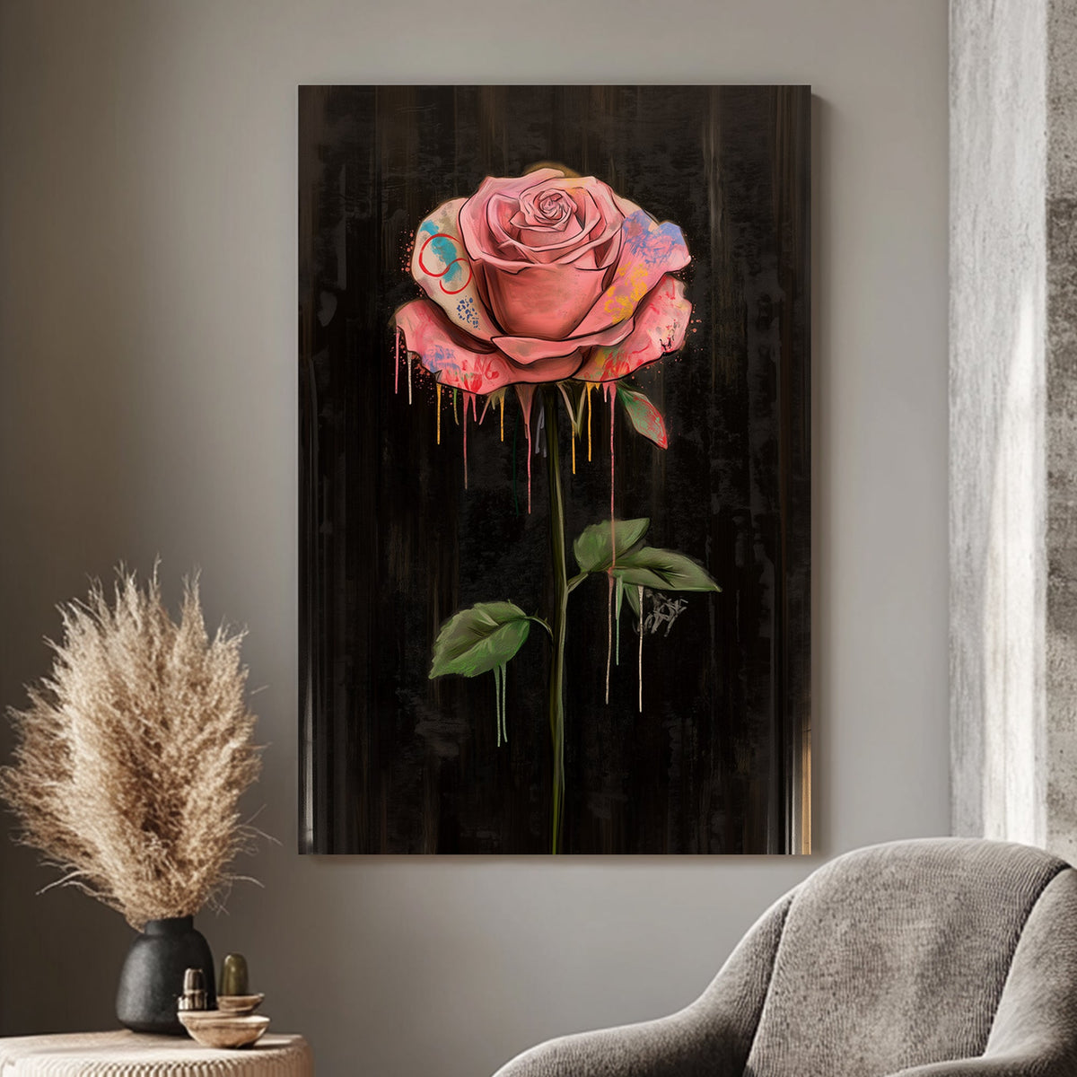 A large pink rose splattered with colorful paint against a black background, symbolizing the depth and complexity of emotions in a pop art style.