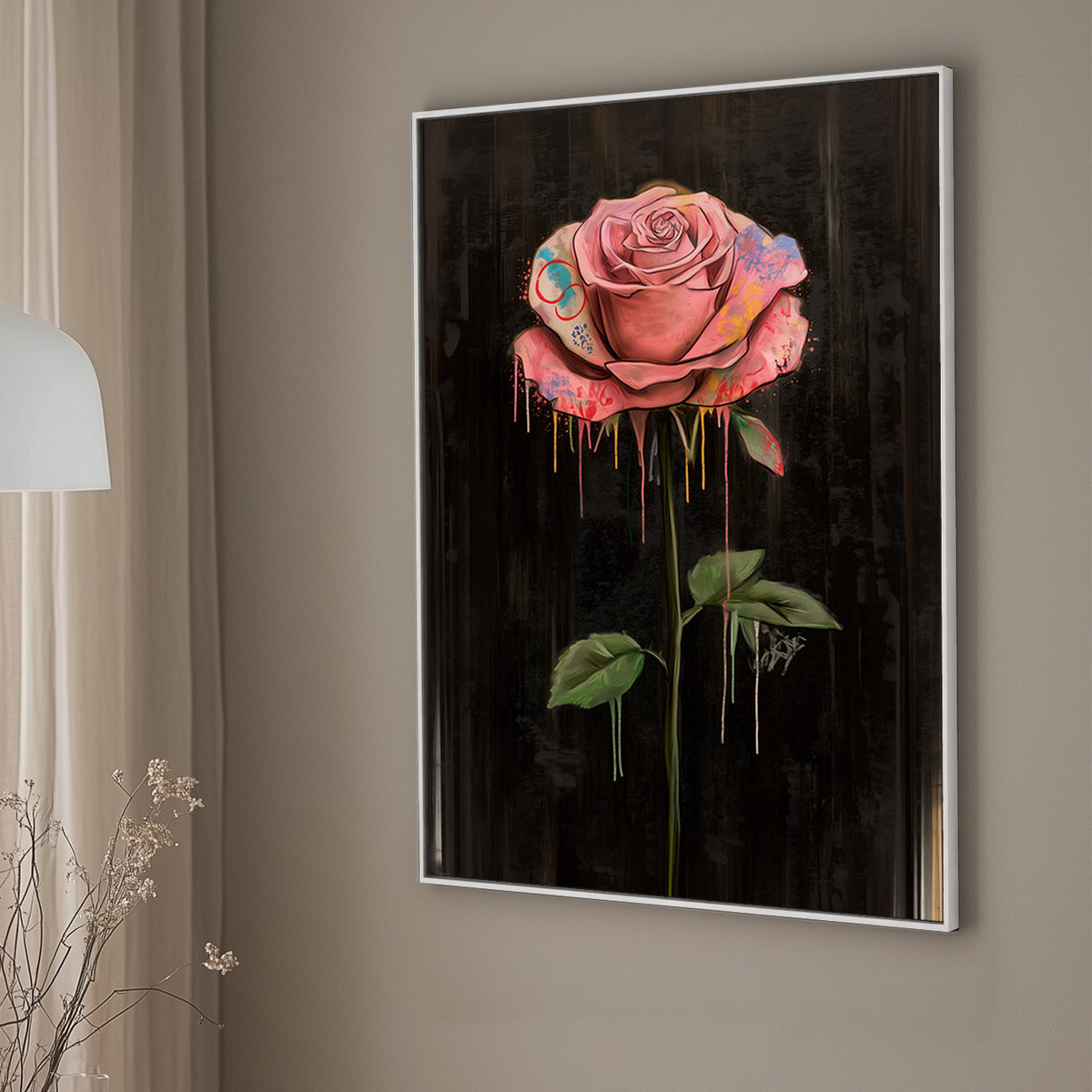 A large pink rose splattered with colorful paint against a black background, symbolizing the depth and complexity of emotions in a pop art style.