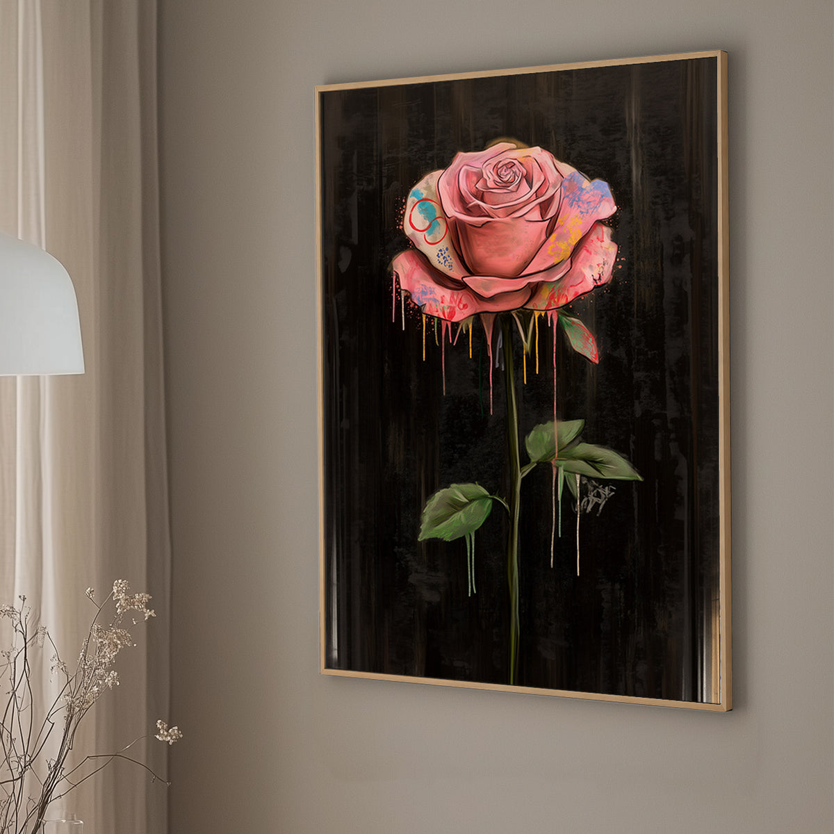A large pink rose splattered with colorful paint against a black background, symbolizing the depth and complexity of emotions in a pop art style.