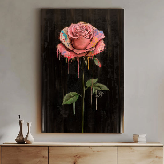 A large pink rose splattered with colorful paint against a black background, symbolizing the depth and complexity of emotions in a pop art style.