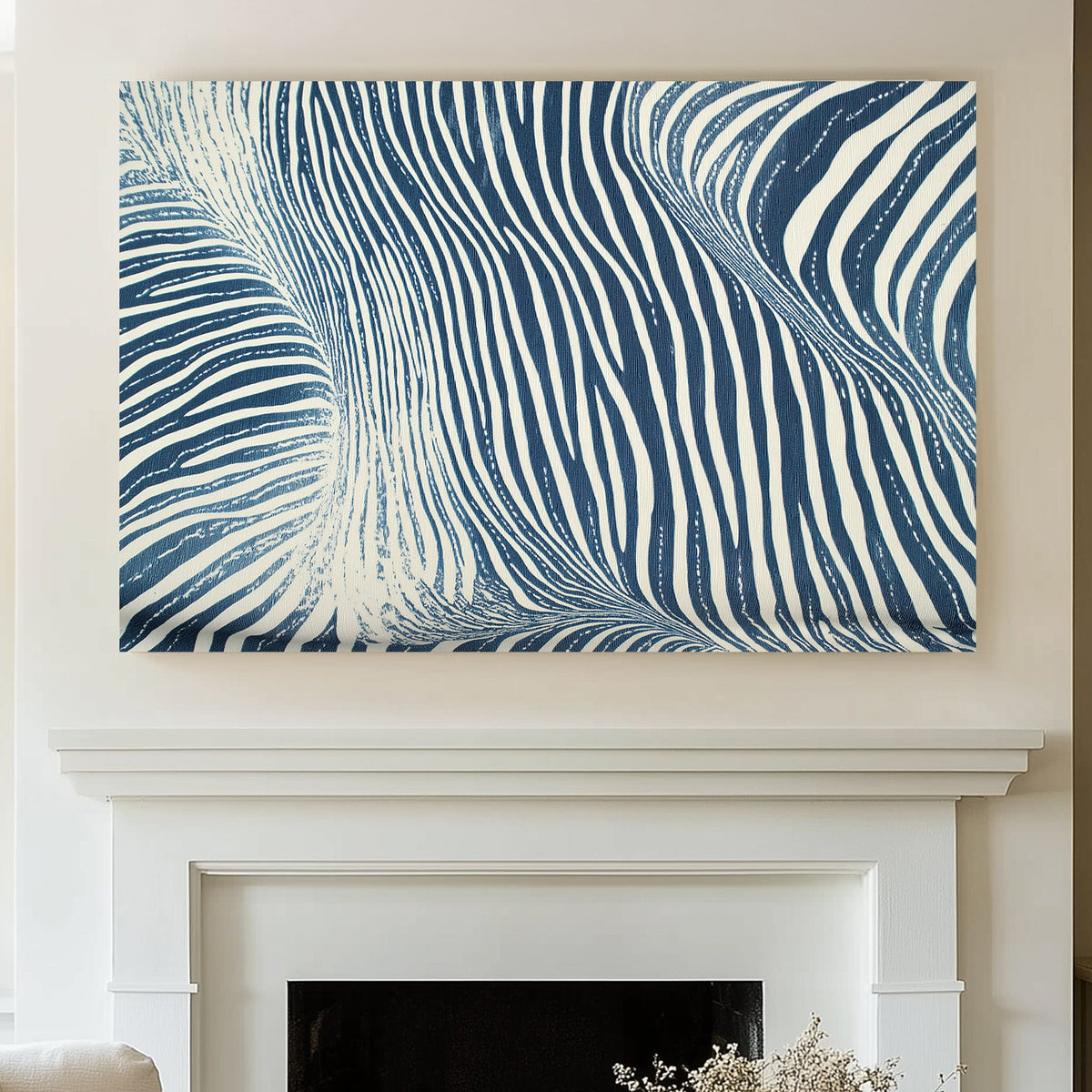 Abstract art of undulating white and navy blue stripes, resembling the dynamic flow of ocean waves, styled in a minimalist manner.