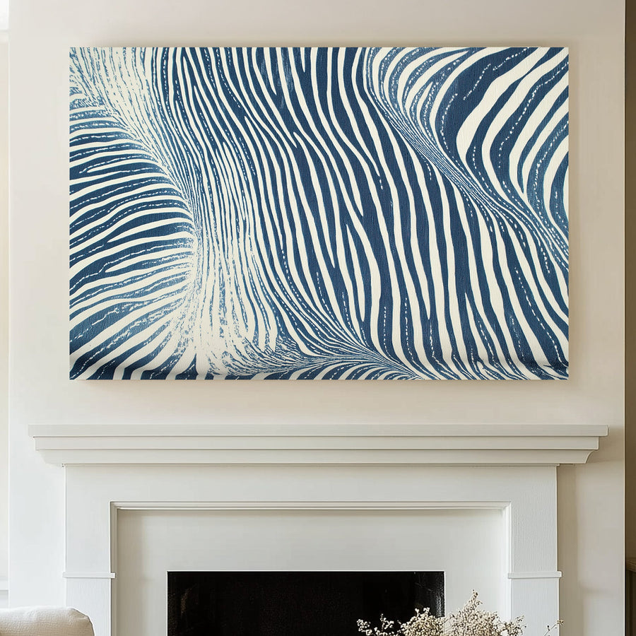 Abstract art of undulating white and navy blue stripes, resembling the dynamic flow of ocean waves, styled in a minimalist manner.