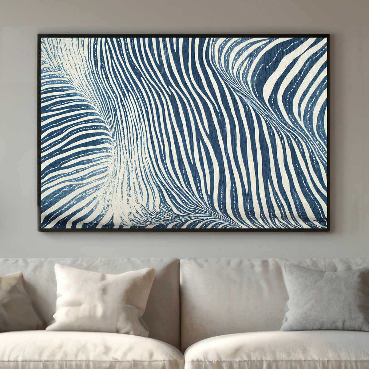 Abstract art of undulating white and navy blue stripes, resembling the dynamic flow of ocean waves, styled in a minimalist manner.