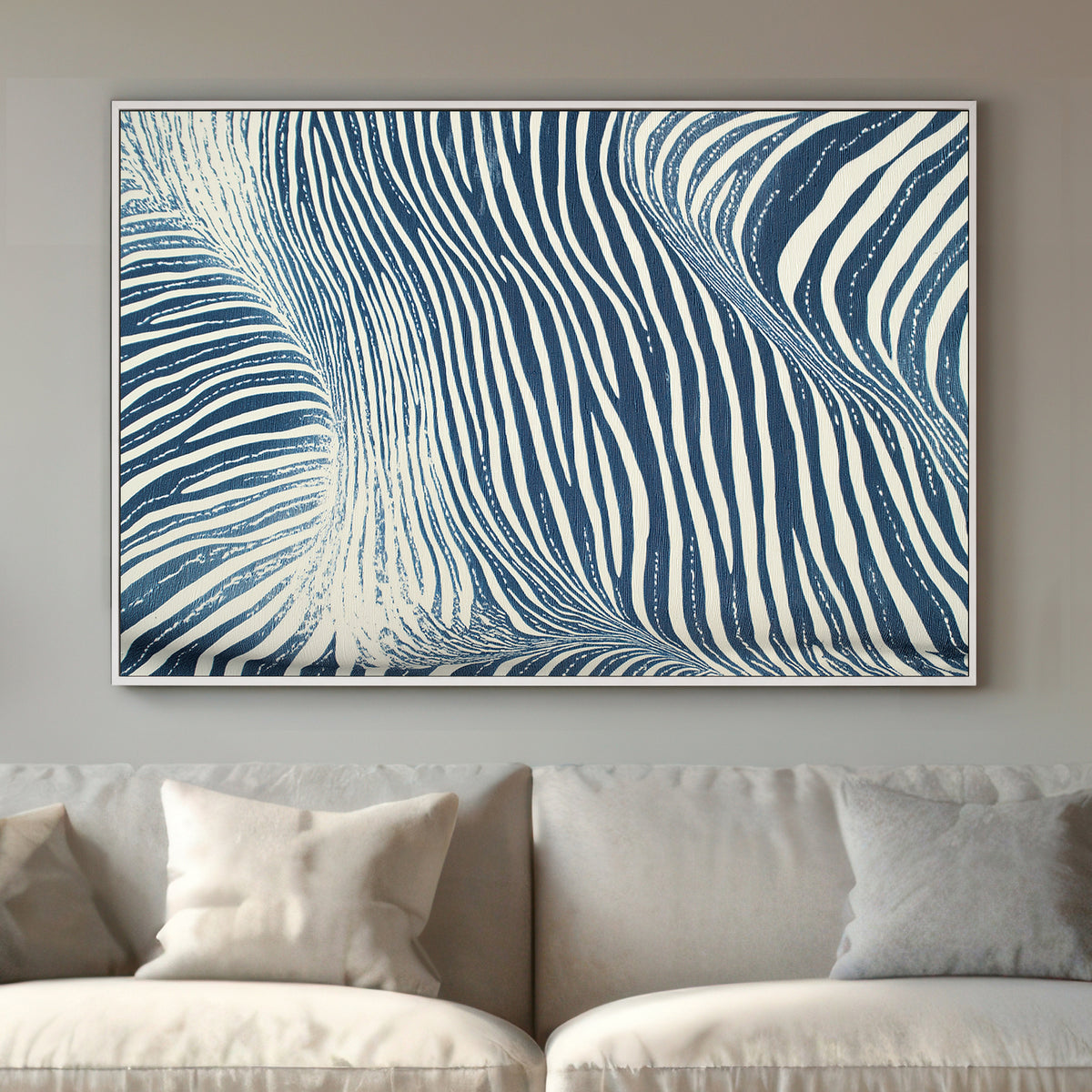Abstract art of undulating white and navy blue stripes, resembling the dynamic flow of ocean waves, styled in a minimalist manner.