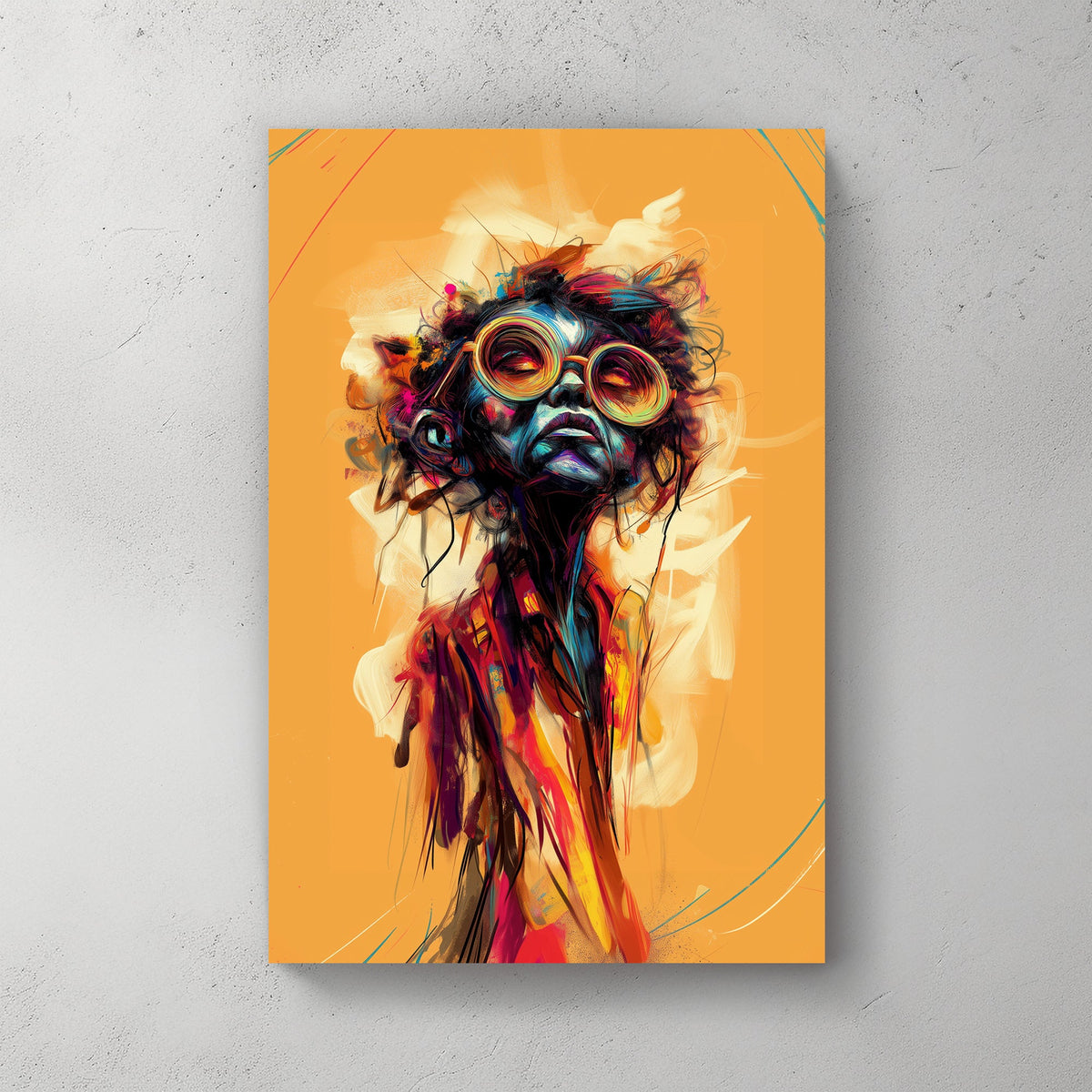 Abstract portrait of a figure with multi-colored glasses, featuring vibrant splashes of blue, orange, and red against a textured background.