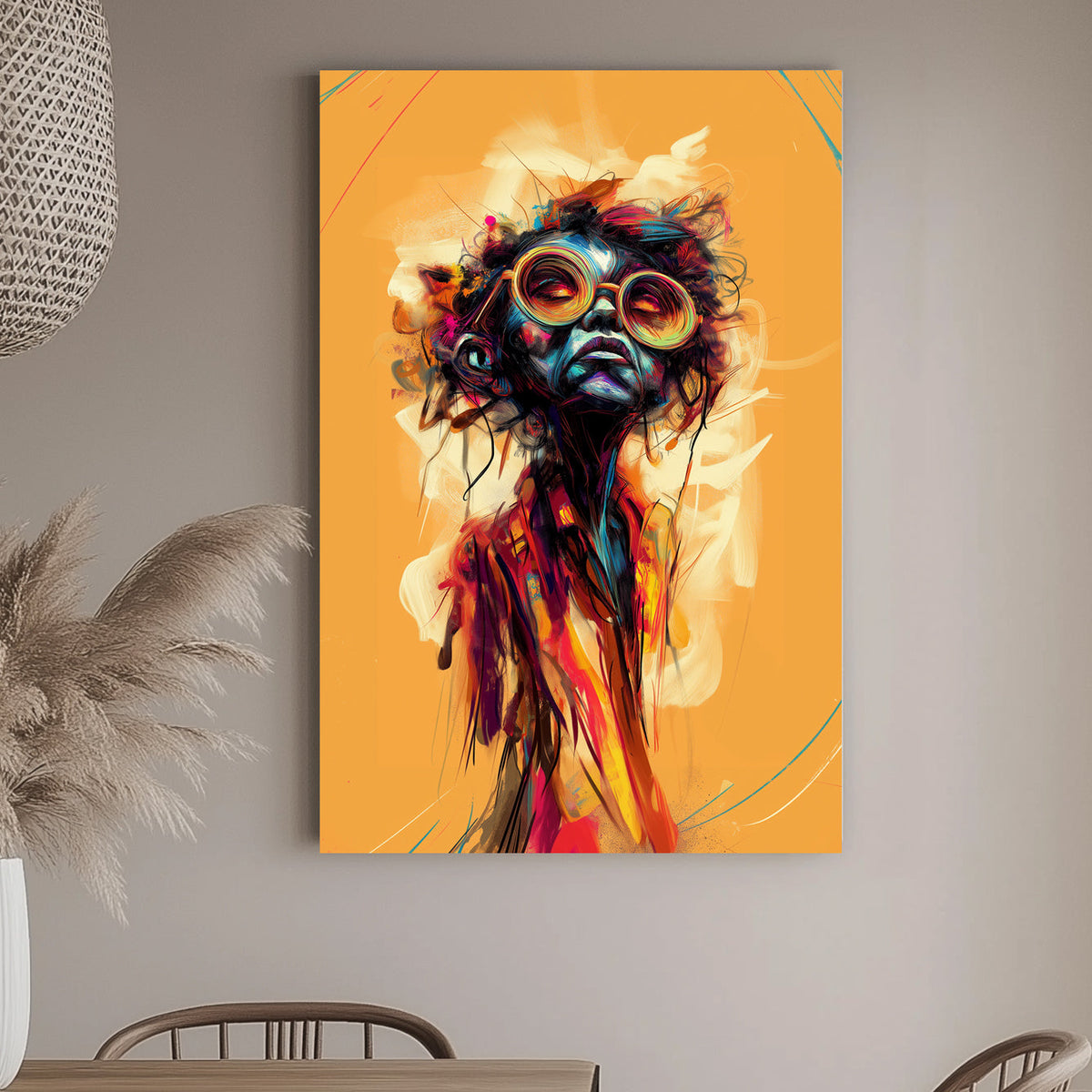 Abstract portrait of a figure with multi-colored glasses, featuring vibrant splashes of blue, orange, and red against a textured background.